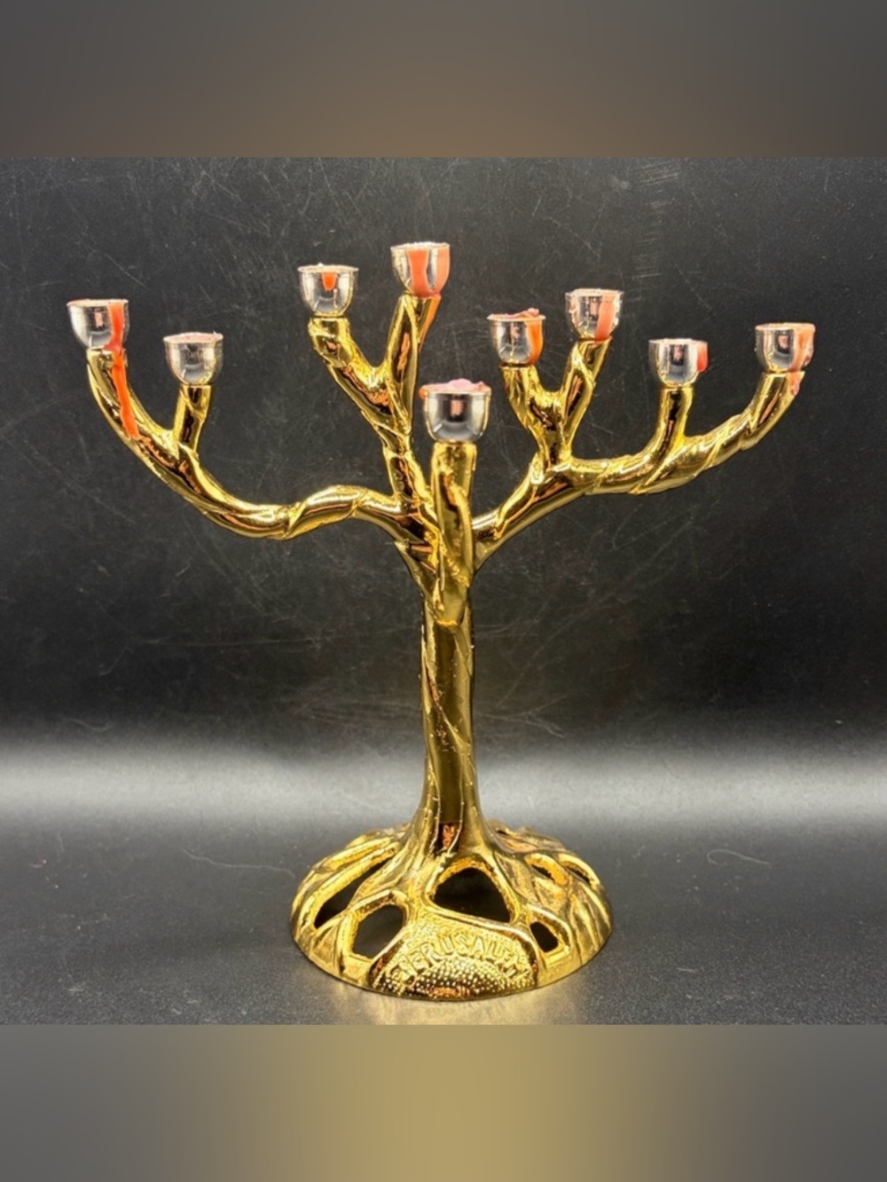 Tree of Life Jerusalem Gold & Silver Tn Metal Candelabra Menorah Candle Holder
